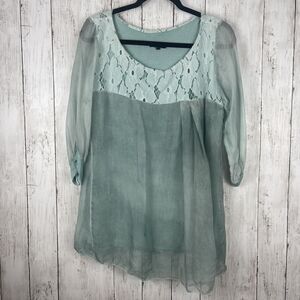 H Trend Top Women Sz L Blue Green Silk Lace Pullover Blouse Italy Fairy Feminine